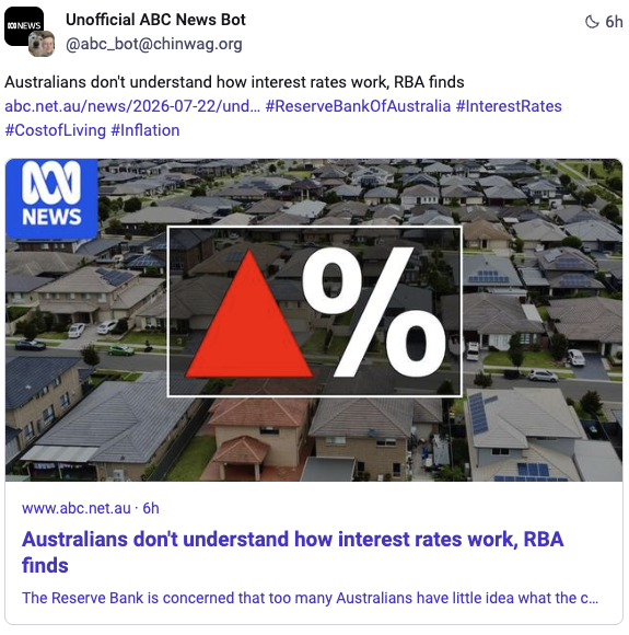 Screenshot of a post showing a headline, "Australians don't understand how interest rates work..."
