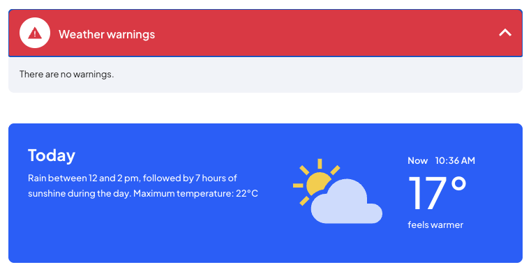 Screenshot of the weather site after clicking the "show more" down arrow on the bright red warning box reveals that there are no warnings. This entire warning section is a time-wasting distraction that is easily suppressed - if there's no warning, don't show the indicator. Bring the data forward to the users.