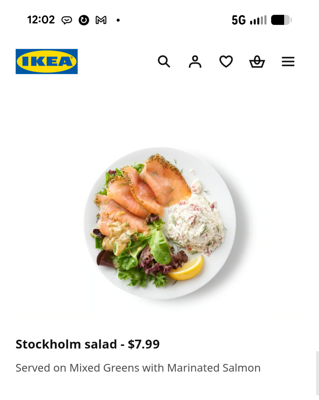 Photo of IKEA's Stockholm Salad.  Cured salmon, greens, lemon, etc.