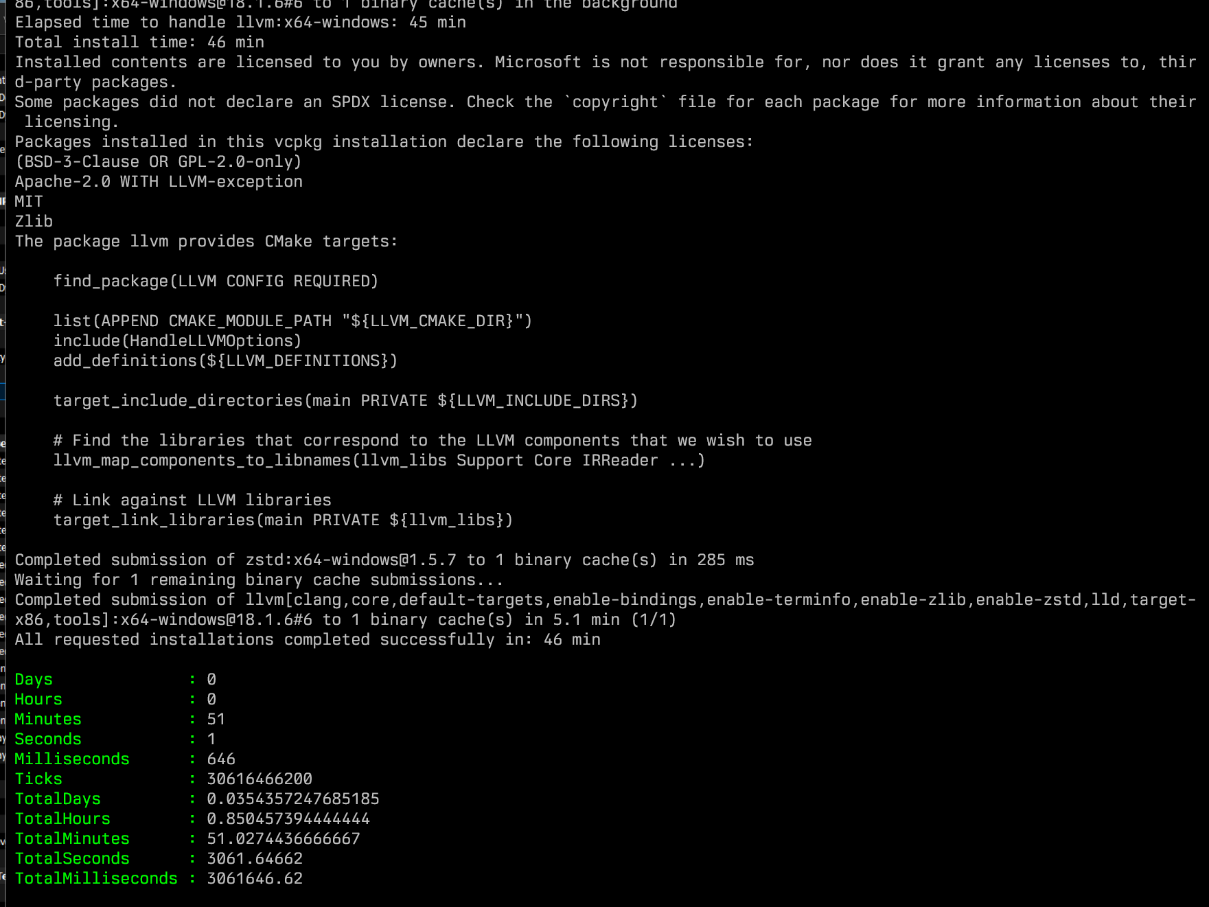 Elapsed time to handle llvm:x64-windows: 45 min
Total install time: 46 min
Installed contents are licensed to you by owners. Microsoft is not responsible for, nor does it grant any licenses to, third-party packages.
Some packages did not declare an SPDX license. Check the `copyright` file for each package for more information about their licensing.
Packages installed in this vcpkg installation declare the following licenses:
(BSD-3-Clause OR GPL-2.0-only)
Apache-2.0 WITH LLVM-exception
MIT
Zlib
The package llvm provides CMake targets:

    find_package(LLVM CONFIG REQUIRED)

    list(APPEND CMAKE_MODULE_PATH "${LLVM_CMAKE_DIR}")
    include(HandleLLVMOptions)
    add_definitions(${LLVM_DEFINITIONS})

    target_include_directories(main PRIVATE ${LLVM_INCLUDE_DIRS})

    # Find the libraries that correspond to the LLVM components that we wish to use
    llvm_map_components_to_libnames(llvm_libs Support Core IRReader ...)

    # Link against LLVM libraries
    target_link_libraries(main PRIVATE ${llvm_libs})

Completed submission of zstd:x64-windows@1.5.7 to 1 binary cache(s) in 285 ms
Waiting for 1 remaining binary cache submissions...
Completed submission of llvm[clang,core,default-targets,enable-bindings,enable-terminfo,enable-zlib,enable-zstd,lld,target-x86,tools]:x64-windows@18.1.6#6 to 1 binary cache(s) in 5.1 min (1/1)
All requested installations completed successfully in: 46 min

Days              : 0
Hours             : 0
Minutes           : 51
Seconds           : 1
Milliseconds      : 646
Ticks             : 30616466200
TotalDays         : 0.0354357247685185
TotalHours        : 0.850457394444444
TotalMinutes      : 51.0274436666667
TotalSeconds      : 3061.64662
TotalMilliseconds : 3061646.62