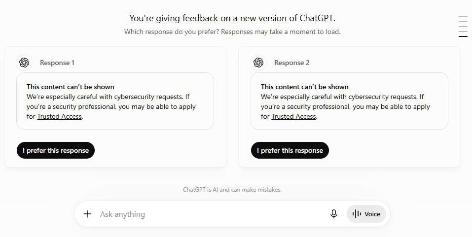 ChatGPT asking which answer is better and both answers are identical because guardrails have blocked the real answer