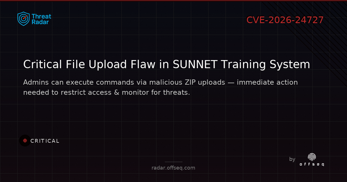 Critical threat: CVE-2026-24727: CWE-434 Unrestricted upload of file with dangerous type in SUNNET Technology Co., Lt