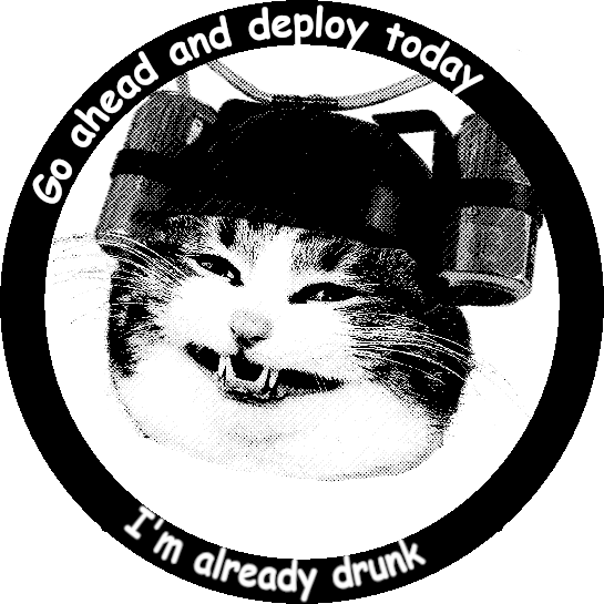 Smug cat with a beer hat: "Go ahead and deploy today, I'm already drunk"