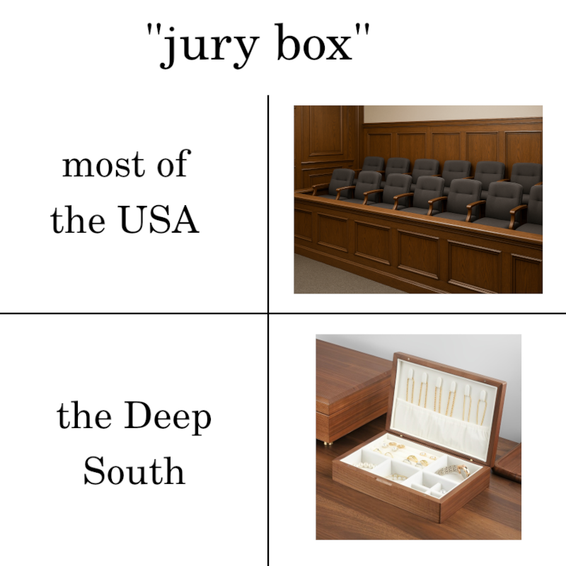 "jury box" -- what most of the USA sees vs. what the Deep South sees.