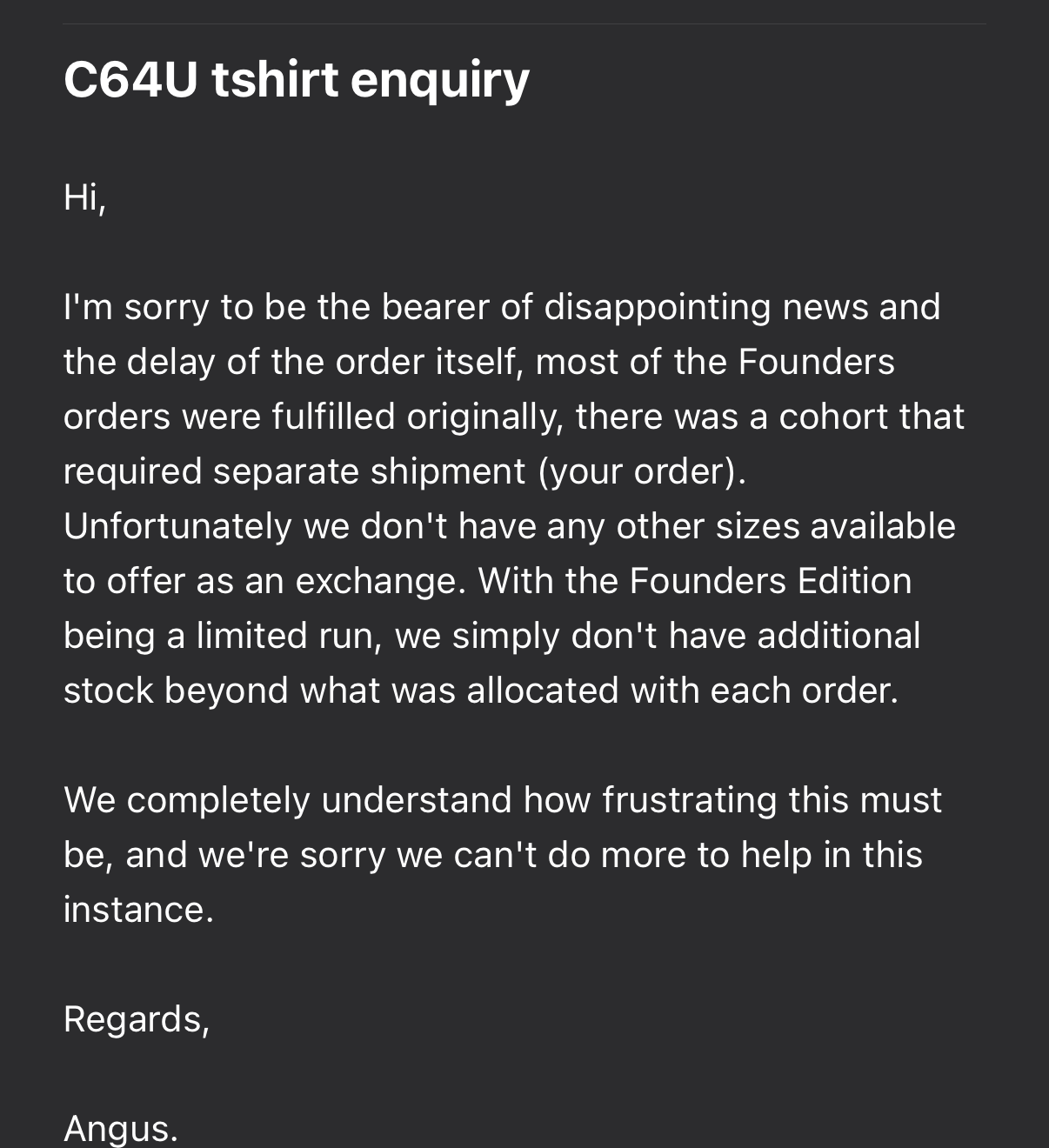 Shitty support and comms from commodore