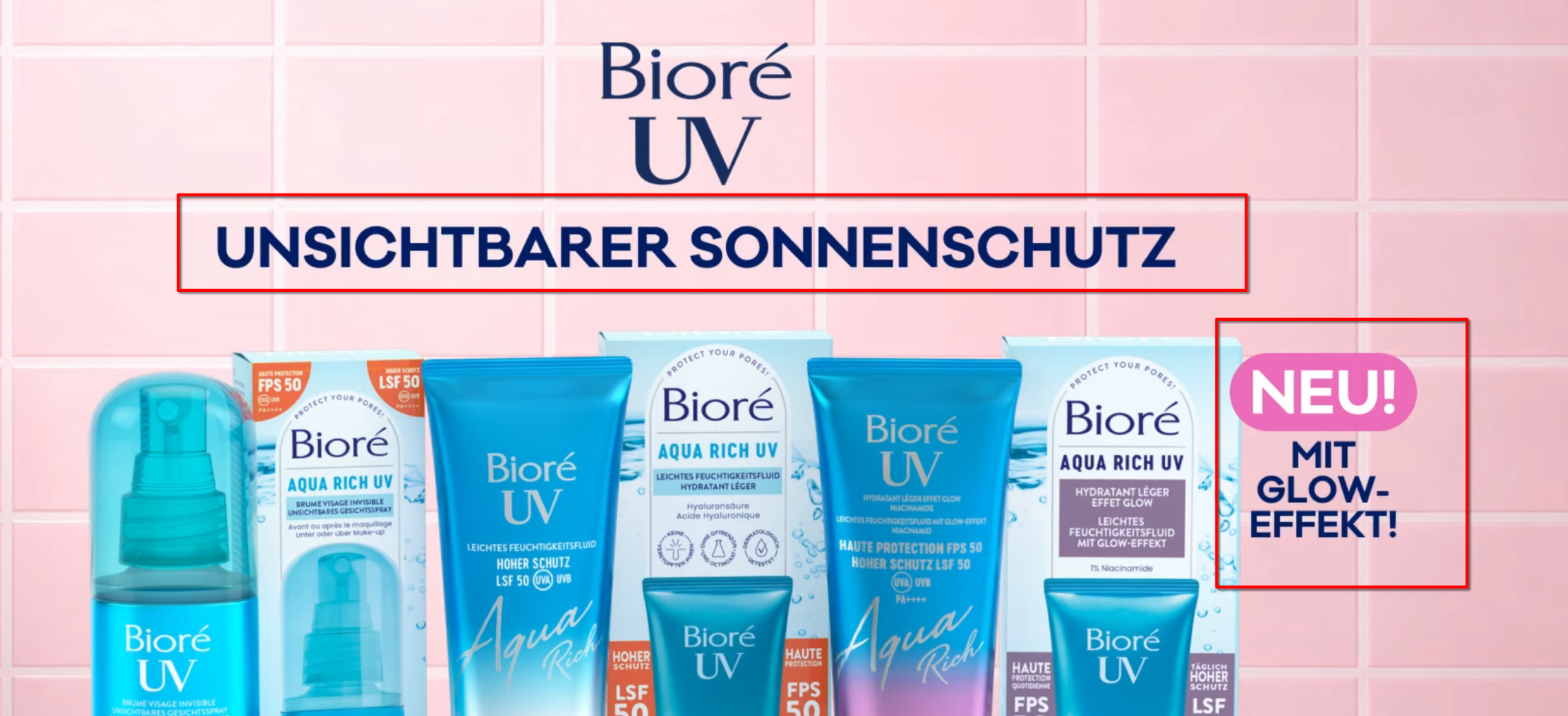 Werbung für ein Produkt das beworben wird mit 2 Sätzen:
"Unsichtbarer Sonnenschutz"
Daneben steht:
"Neu! Mit Glow-Effek"