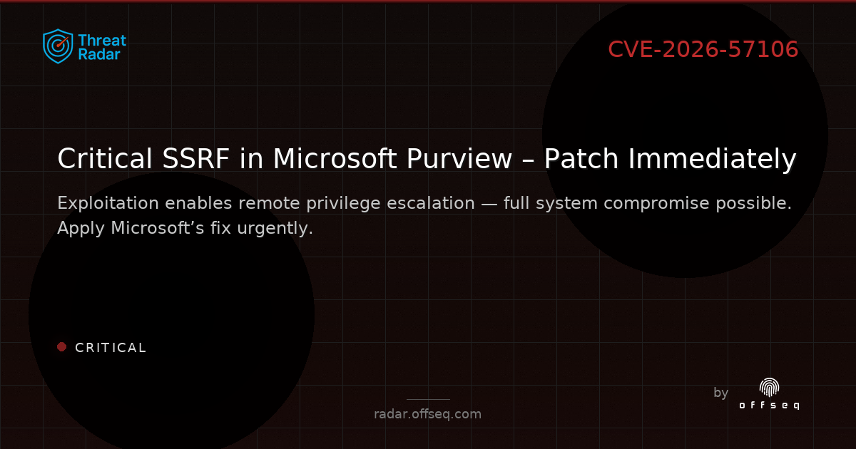 Critical threat: CVE-2026-57106: CWE-918: Server-Side Request Forgery (SSRF) in Microsoft Microsoft Purview Data Gove