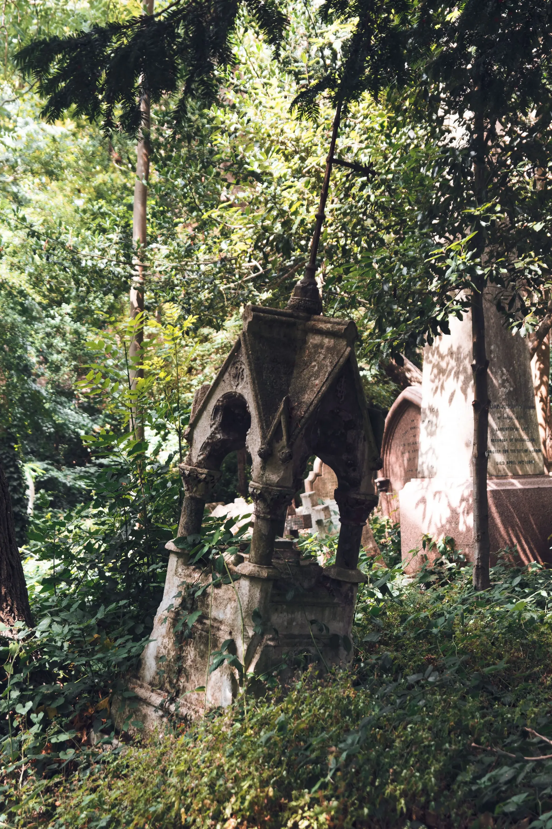 A weathered, ornate Gothic stone monument or tomb stands canted and partially swallowed by lush green undergrowth and dense foliage in an overgrown, sun-dappled cemetery.