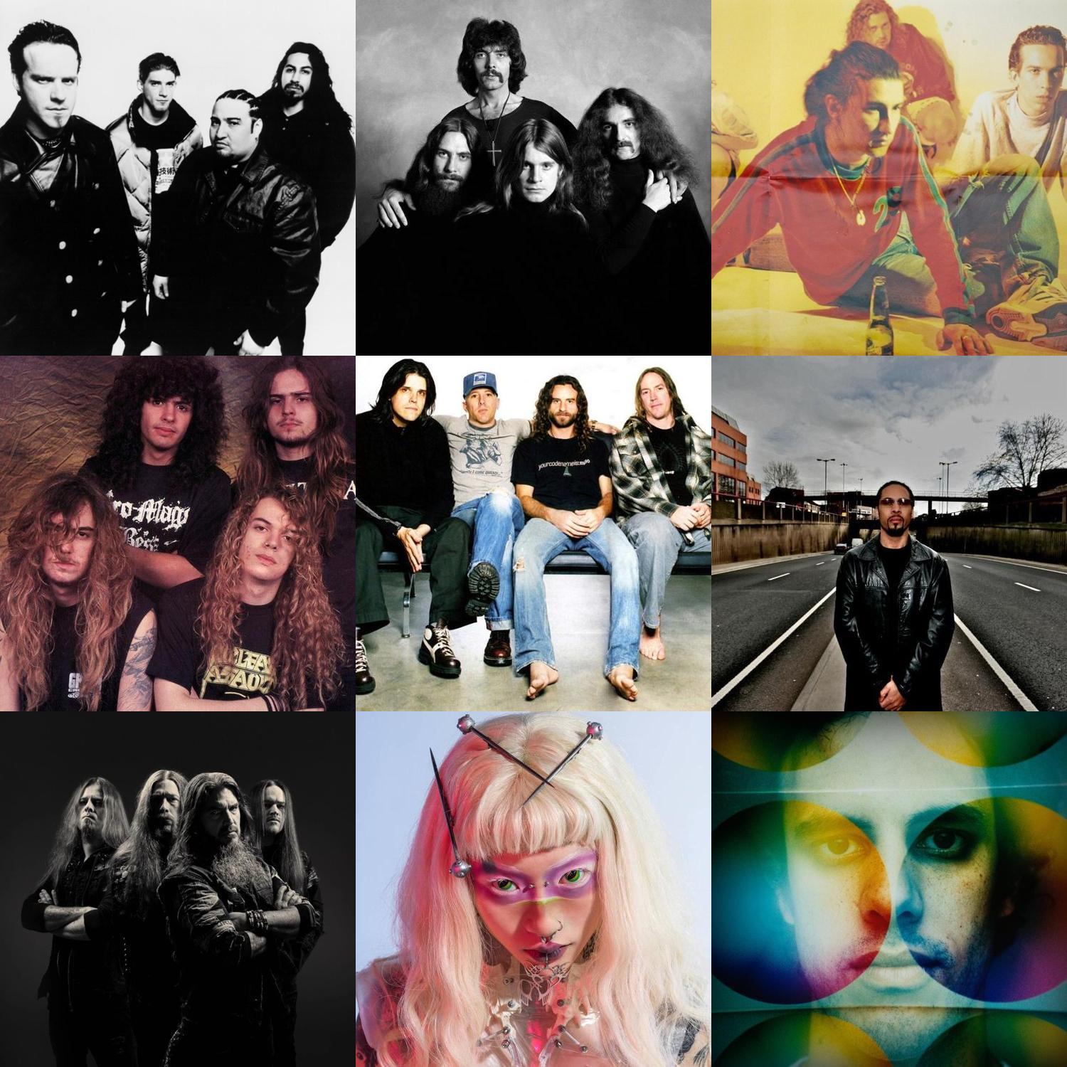 A square grid of photos of bands read from left to right, top to bottom, Fear Factory, Black Sabbath, Pop Will Eat Itself, Sepultura, Tool, Roni Size, Machine Head, yeule, Four Tet