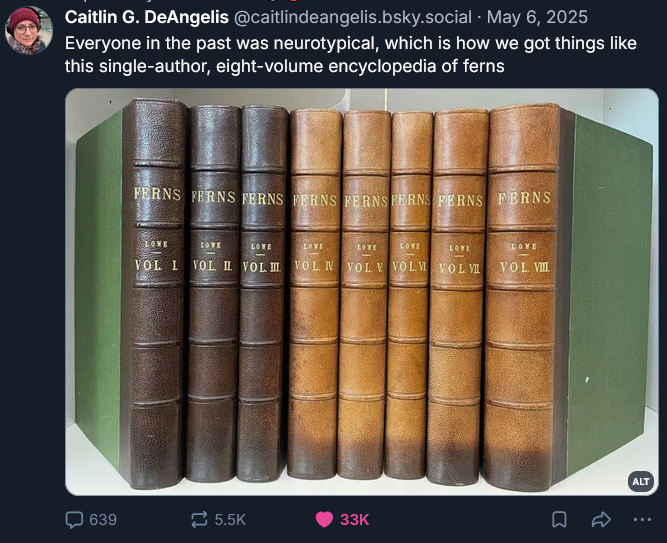 Post by Caitlin G. DeAngelis @caitlindeangelis.bsky.social May 6, 2025

Everyone in the past was neurotypical, which is how we got things like this single-author, eight-volume encyclopedia of ferns

Photo: Eight very old leatherbound books all titled "FERNS" volumes 1 through 8