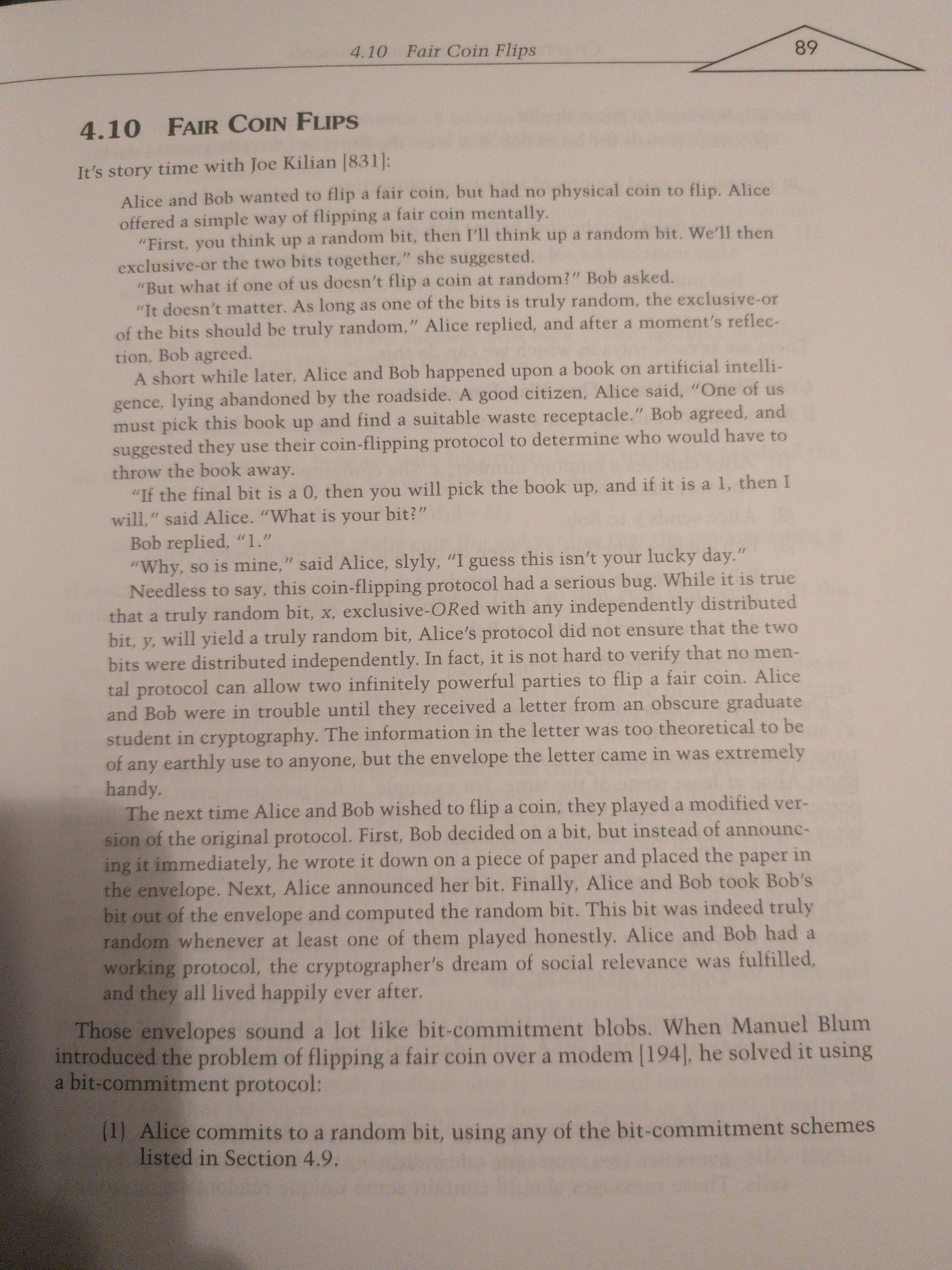Photo of Bruce Schneier's Applied Cryptography (20th edition, page 89). In the page, Schneier quotes Joe Kilian, and in the quote Alice and Bob find a piece of literature about AI and use a fair coinflip protocol afterwards.