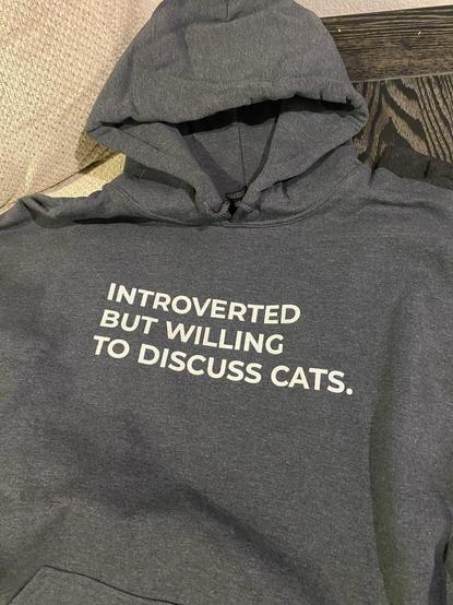 Dark grey hoodie with the text:

INTROVERTED
BUT WILLING 
TO DISCUSS CATS.