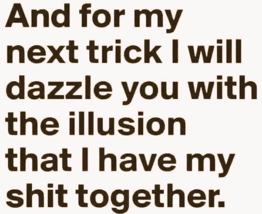 Light background, black text:
And for my
next trick I will
dazzle you with
the illusion
that I have my
shit together.