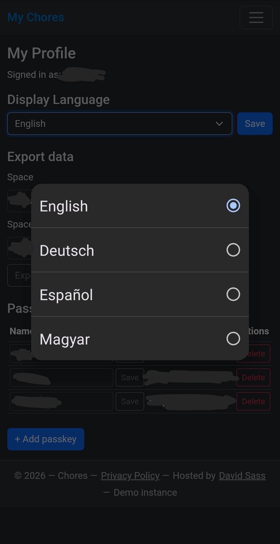 My ChoresMVP app profile settings showing the available languages.