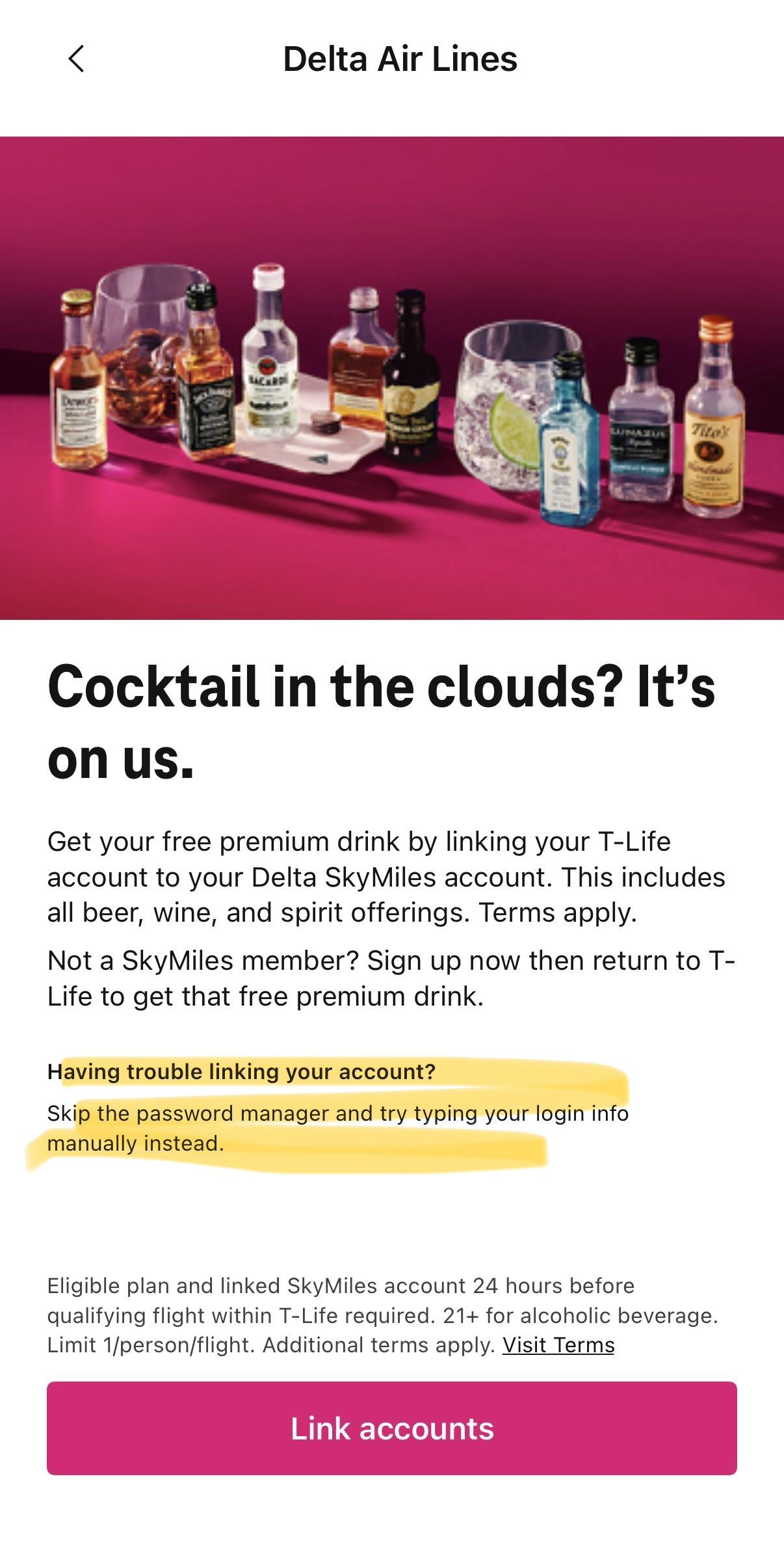 A screenshot of a T-Mobile T-Life app screen notes that if you are having problems connecting with Delta, just don’t use your password manager and type your credentials by hand…