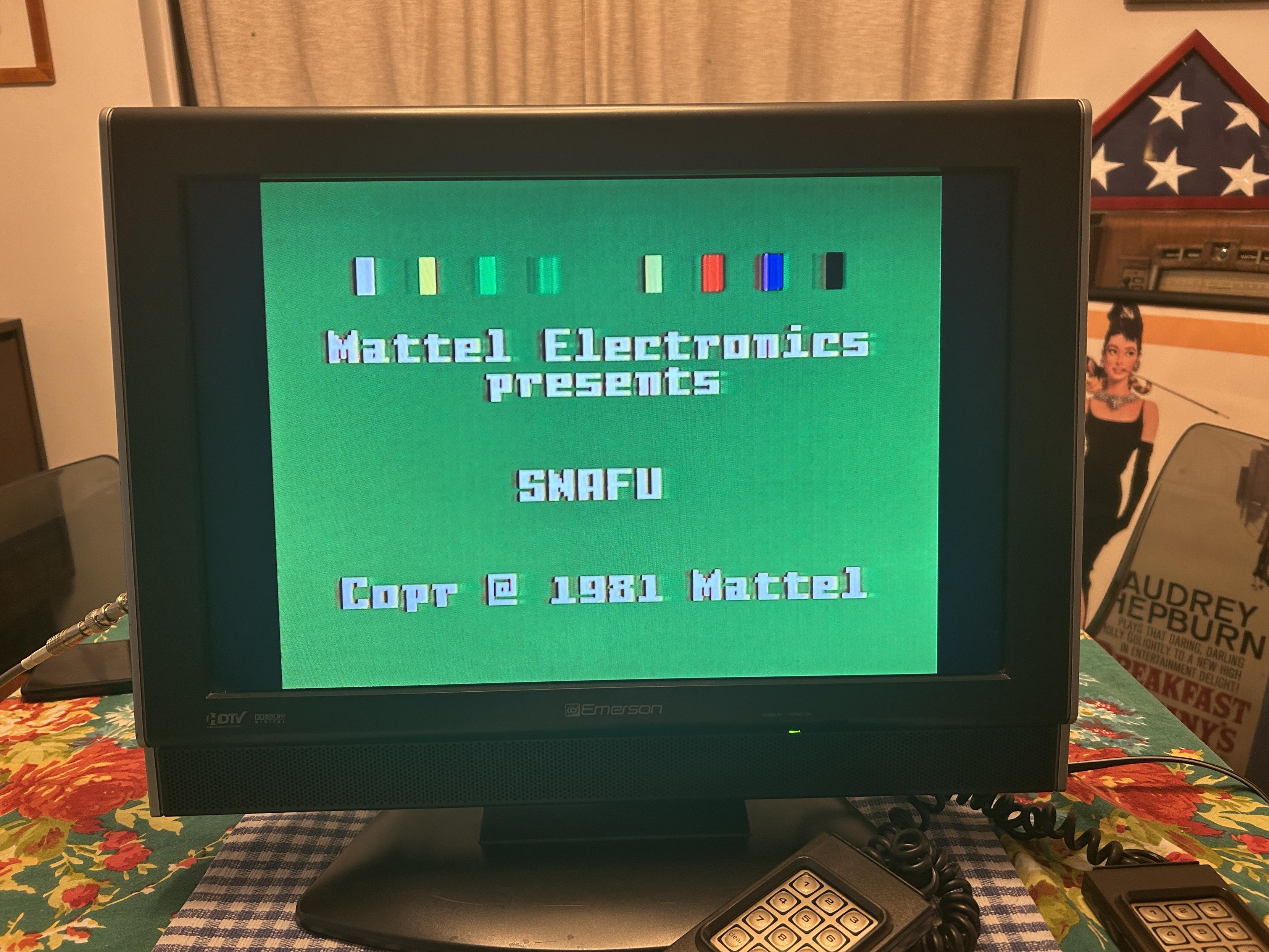 Mattel Intellivision game intro screen for SNAFU. Legend has it this is the first console game with background music.