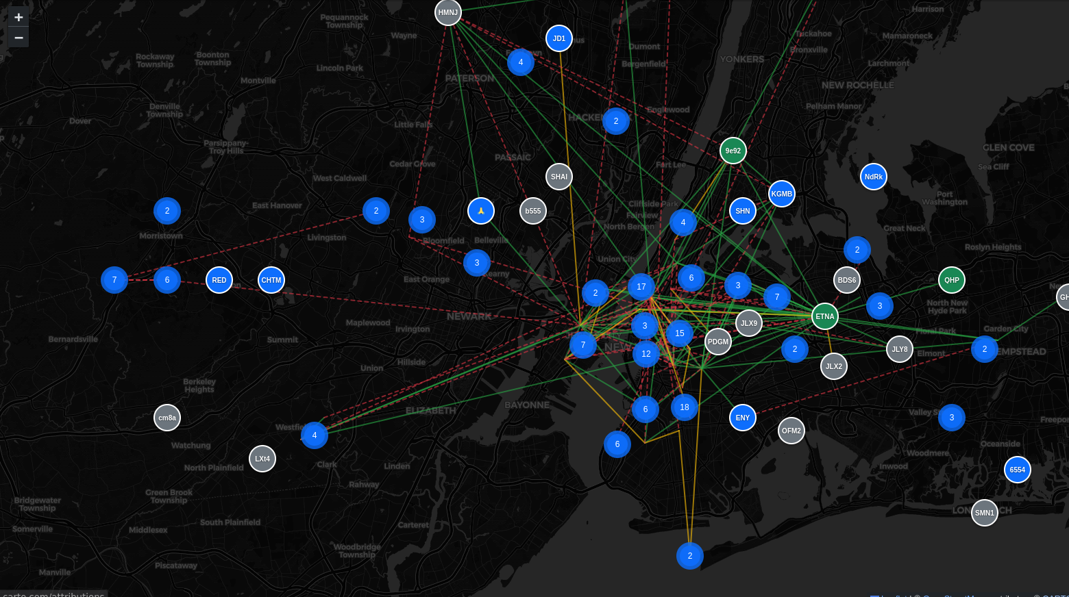 screenshot of the meshtastic nodes in nyc. my node is west of the city.