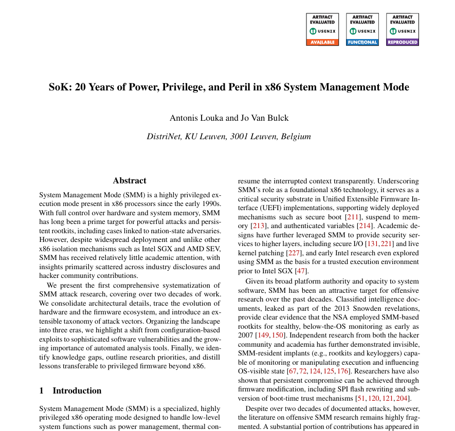 SoK: 20 Years of Power, Privilege, and Peril in x86 System Management Mode