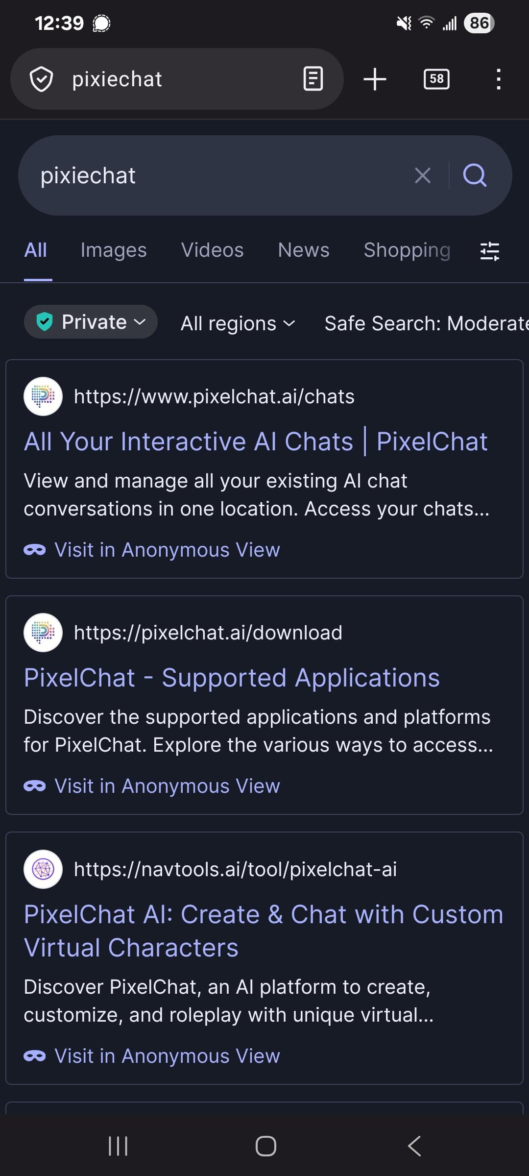 Screen shot of a web engine search showing pixie chat is an interactive ai chat bot.