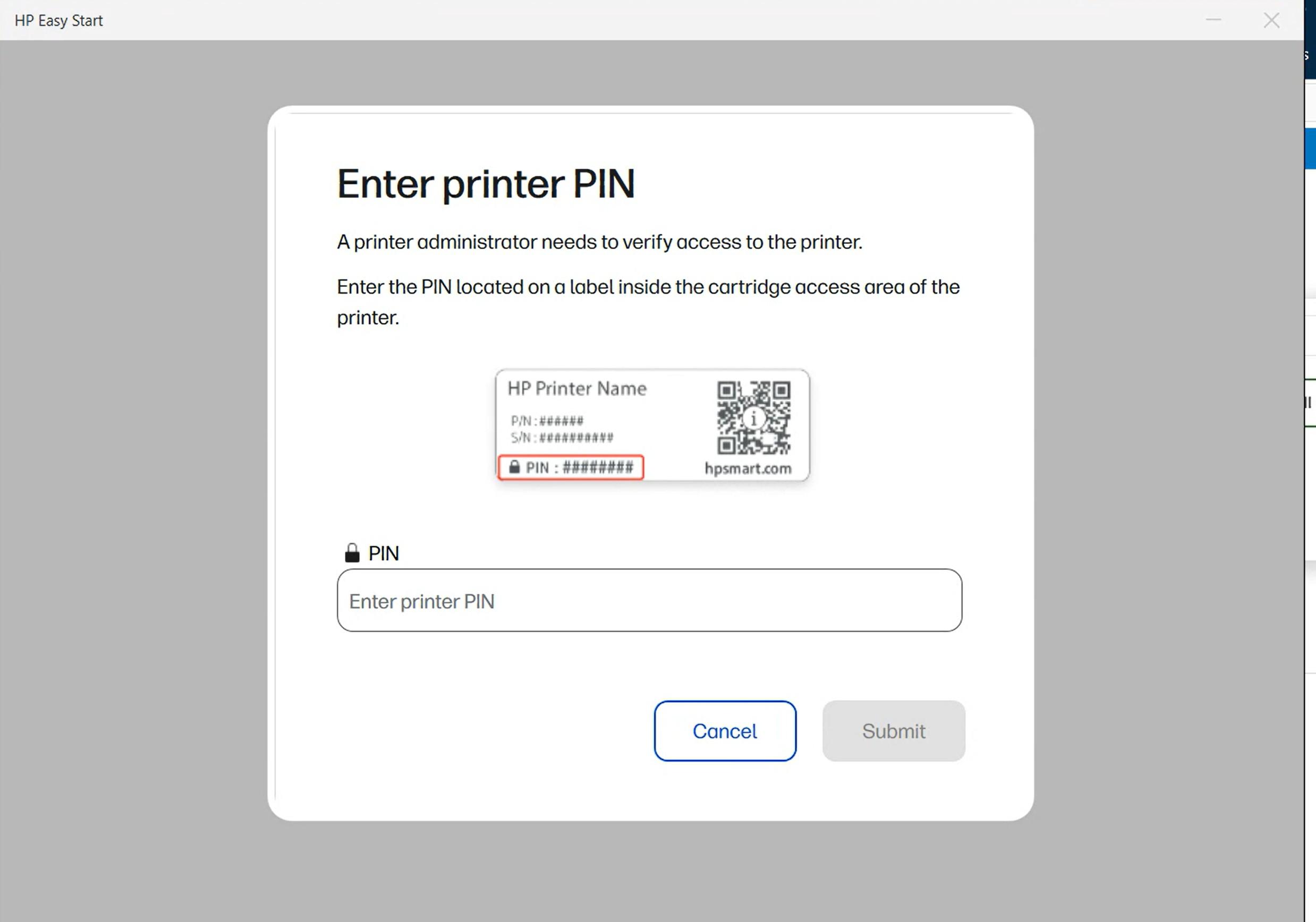 Screenshot from the HP printer installation program asking the user to enter the printer’s unique PIN.