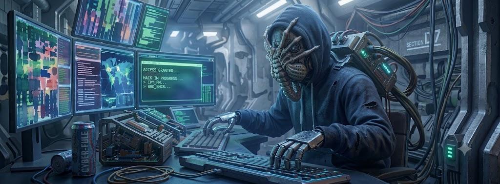A robot sitting at a desk hacking. It wears a black hoodie with an aliens-style face hugger attached to it