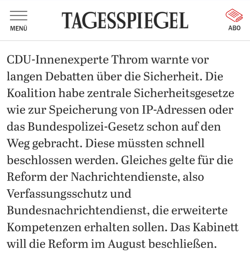 Der Tagesspiegel meldet, dass ein CDU-Innenpolitiker wegen des CSD-Attentats die Vorratsdatenspeicherung fordert.