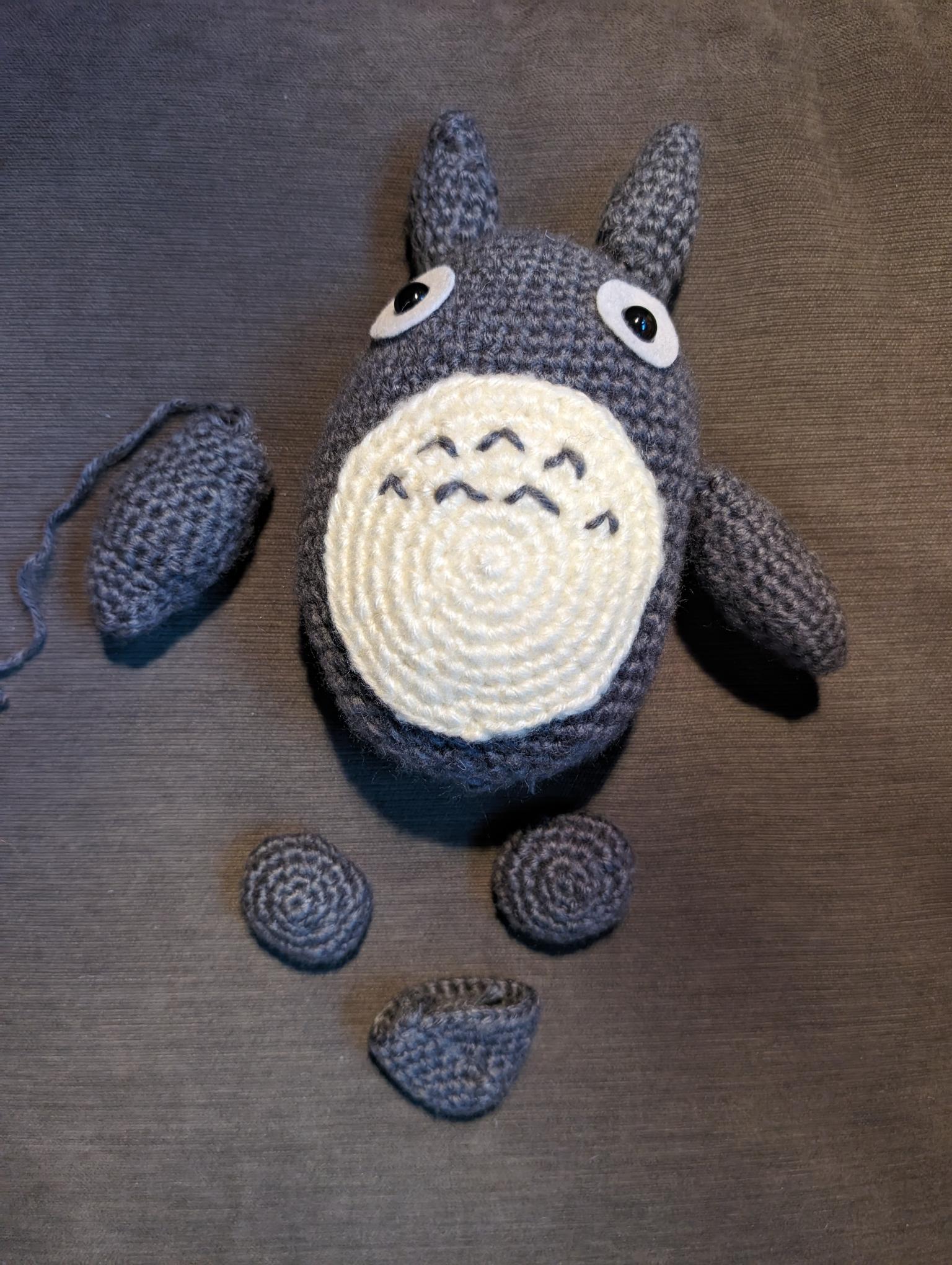 Totoro doll, with white belly made but not attached yet, and two ears & one arm sewn on