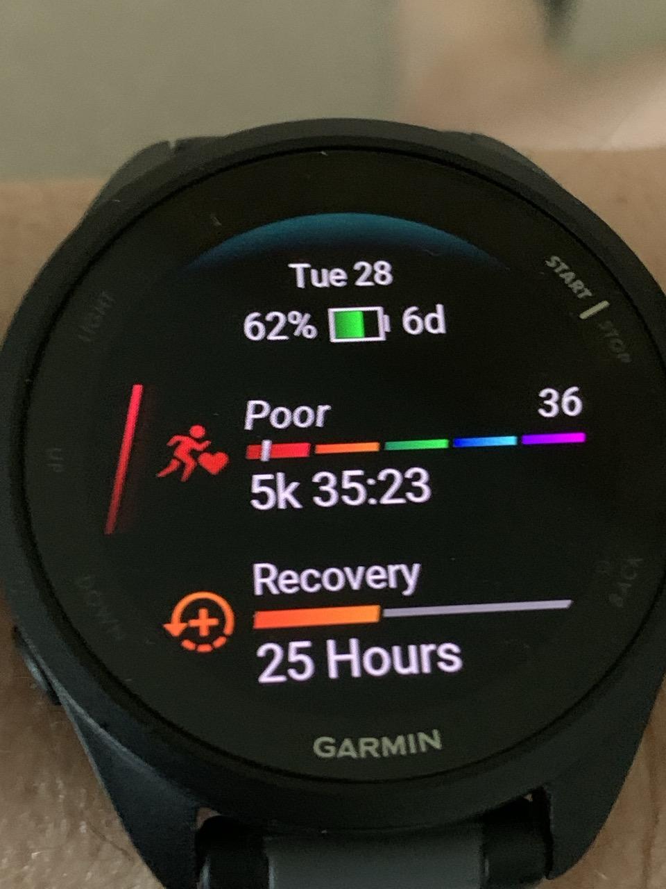 Picture of a garmin watch display wit a label of “poor” against the general fitness line