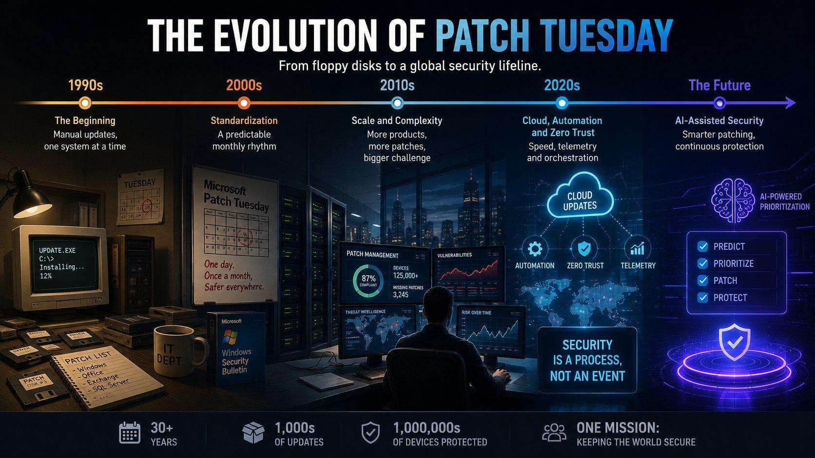 16:9 infographic showing the evolution of Patch Tuesday from 1990s manual updates and floppy disks, through Microsoft’s monthly patching model, to modern cloud automation and future AI-assisted security.