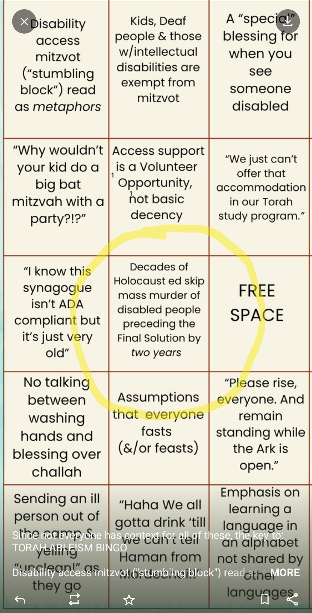 Screenshot from a table that Rabbi Danya Ruttenberg described as "Torah Ableist Bingo," with a square circled that reads, "Decades of Holocaust ed skip mass.murder of disabled people preceding the Final Solution by TWO YEARS"