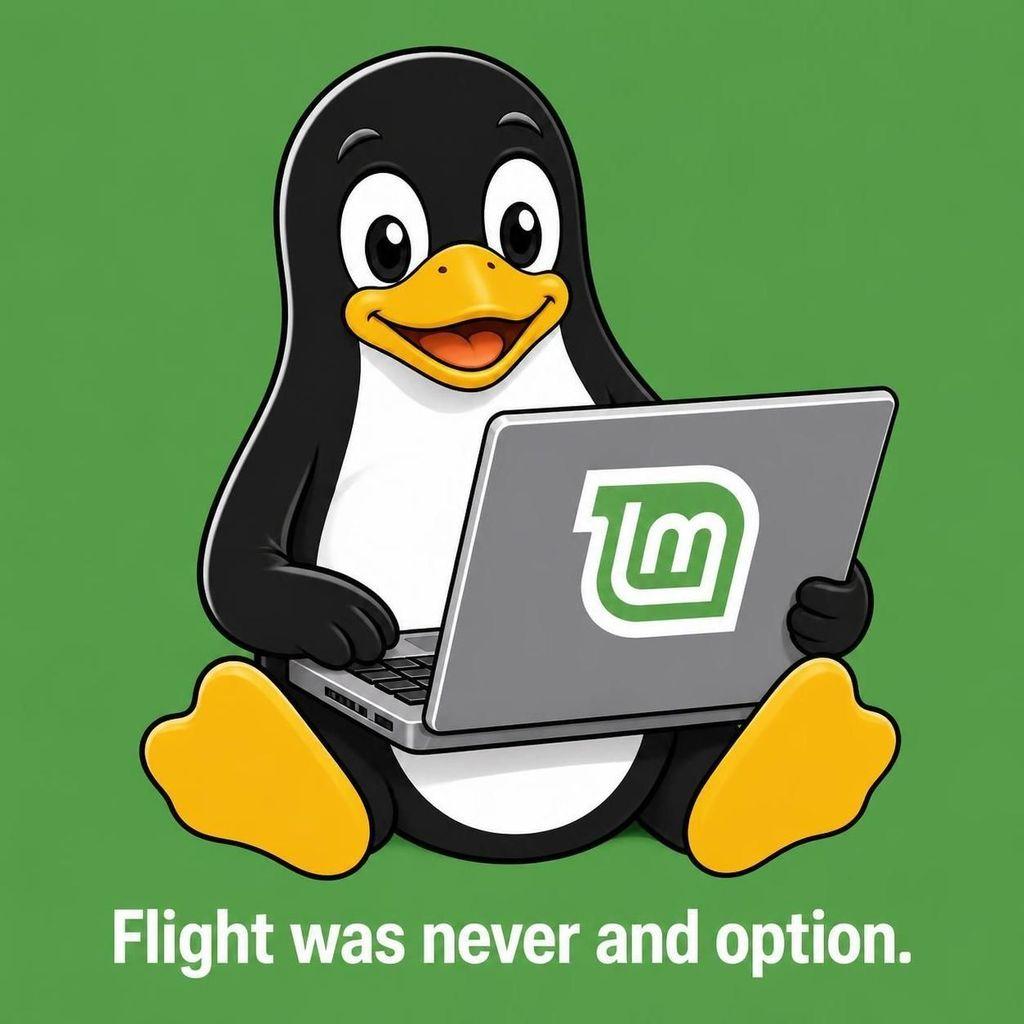 Tux the penguin working on a Linux Mint laptop with the caption "Flight was never an option."