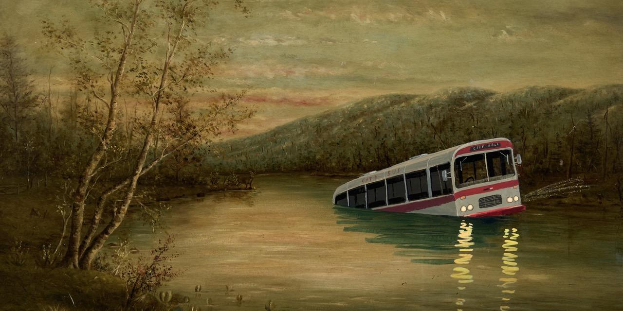Somewhat dreary painting of a river scene with a bus added in to look like it’s sinking - addition by Oliver Jeffers