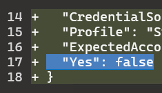 A cropped screenshot of a JSON file added in a pull request. Highlighted is a line that sets a property named "Yes" to the value "false".