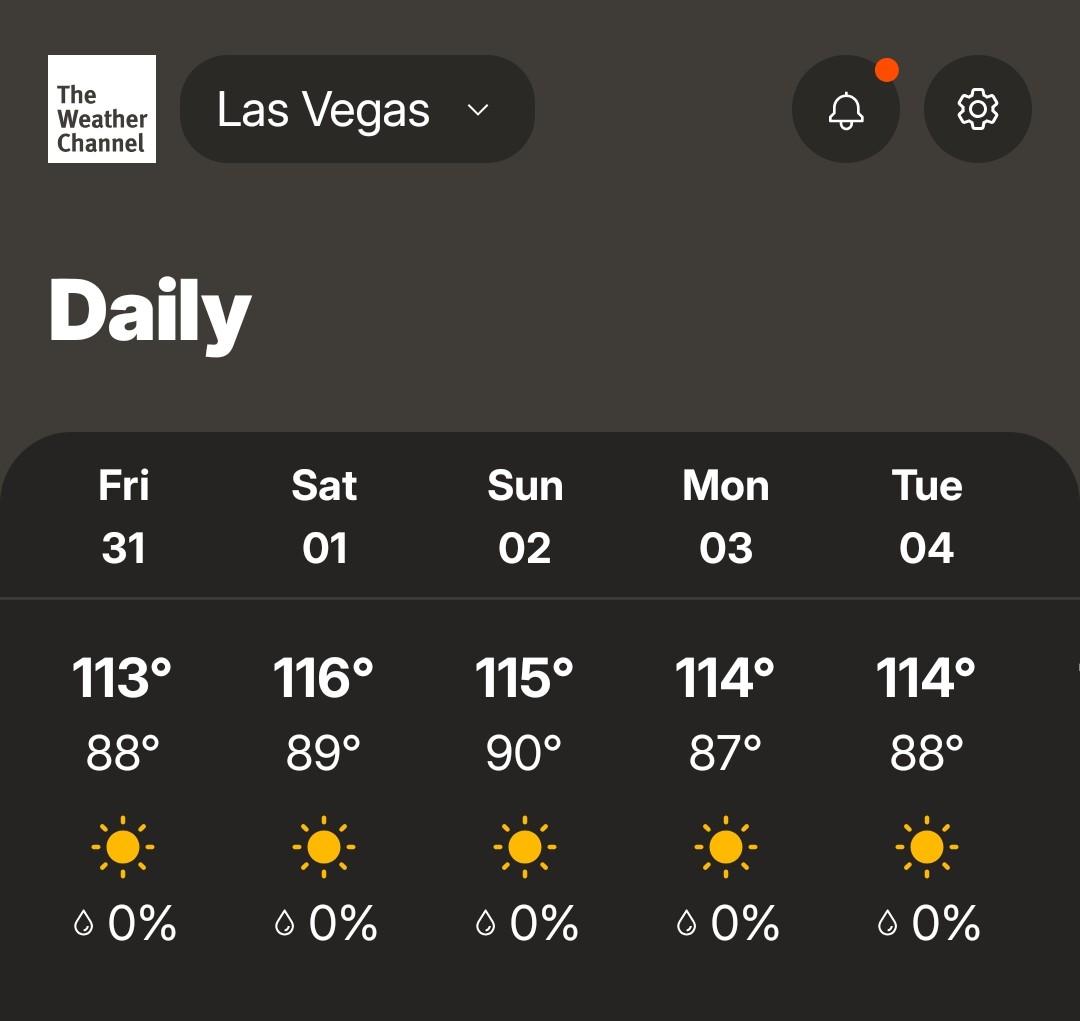 Screenshot showing up to 116F in Vegas over the next few days