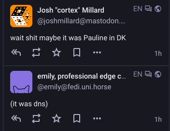 Mastodon timeline with the following two posts:

@joshmillard@mastodon.social
wait shit maybe it was Pauline in DK

@emily@fedi.uni.horse
(it was dns)