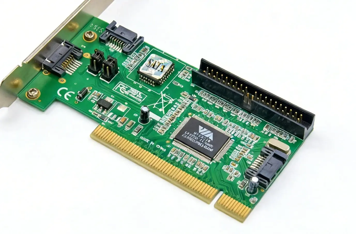 A photograph of a PCI card on a white background, but none of the features make sense. The labels are all curved, the chip logos and part numbers are illegible and the components and pins melt together into a mess of colors.