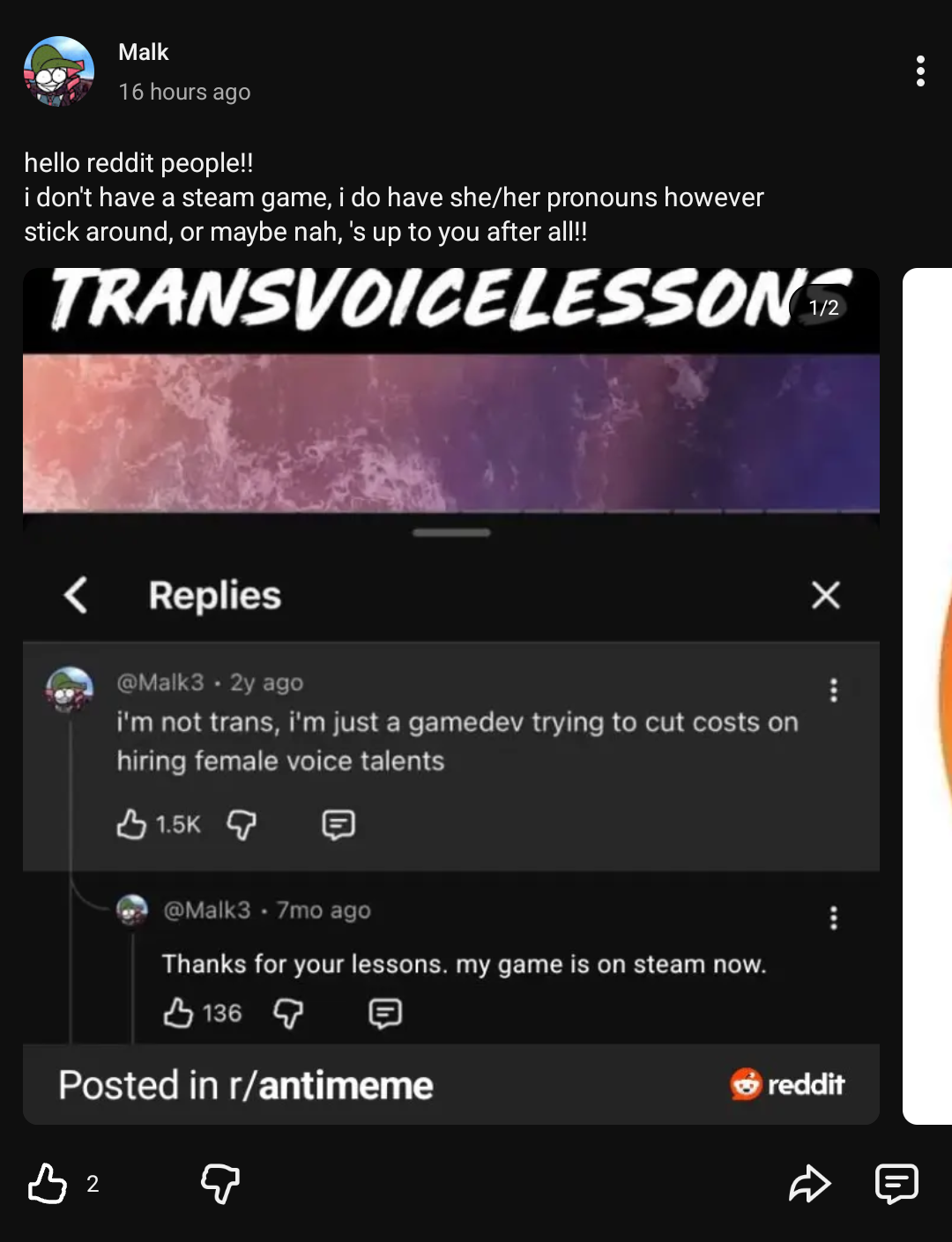 image of post from youtube channel titled Malk
posted 16 hours ago

with body
hello reddit people
i don't have a steam game, i do have she/her pronouns however stick around, or maybe nah, 's up to you after all

with the original image attached below, but taken from r/antimeme subreddit