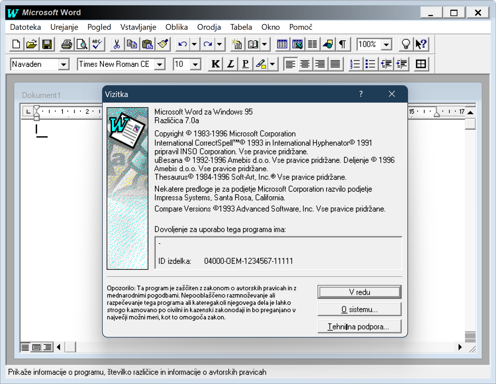 Word 95 running on Windows 11, showing Vista-style window border and gradient titlebar.