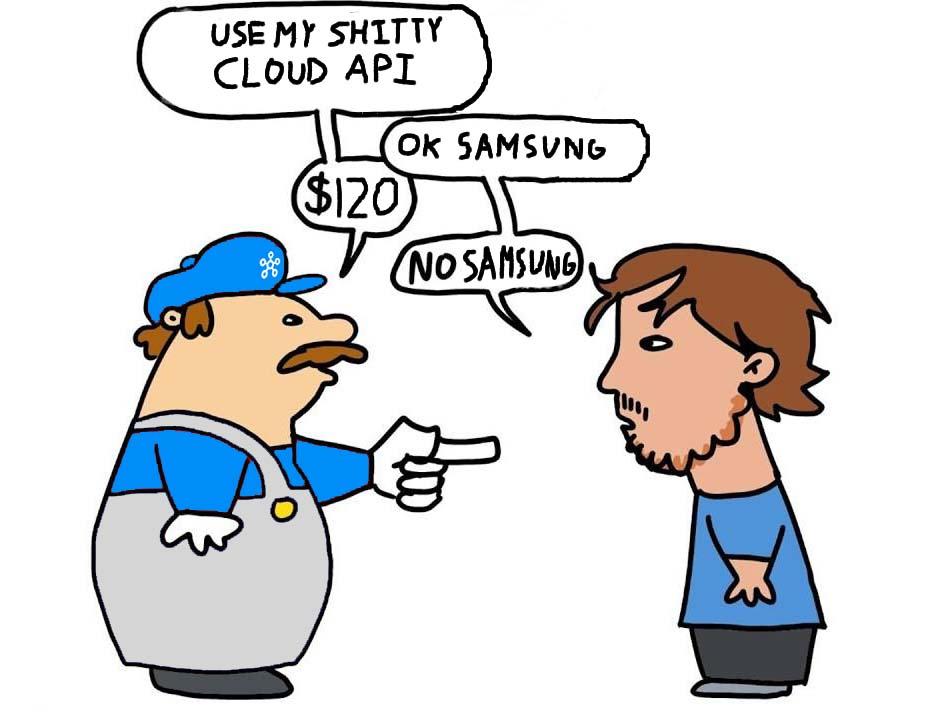 mario "pull my finger" meme. smartthings says "USE MY SHITTY CLOUD API" to which the guy says "OK SAMSUNG" to which smartthings says "$120" and the guy says "NO SAMSUNG"