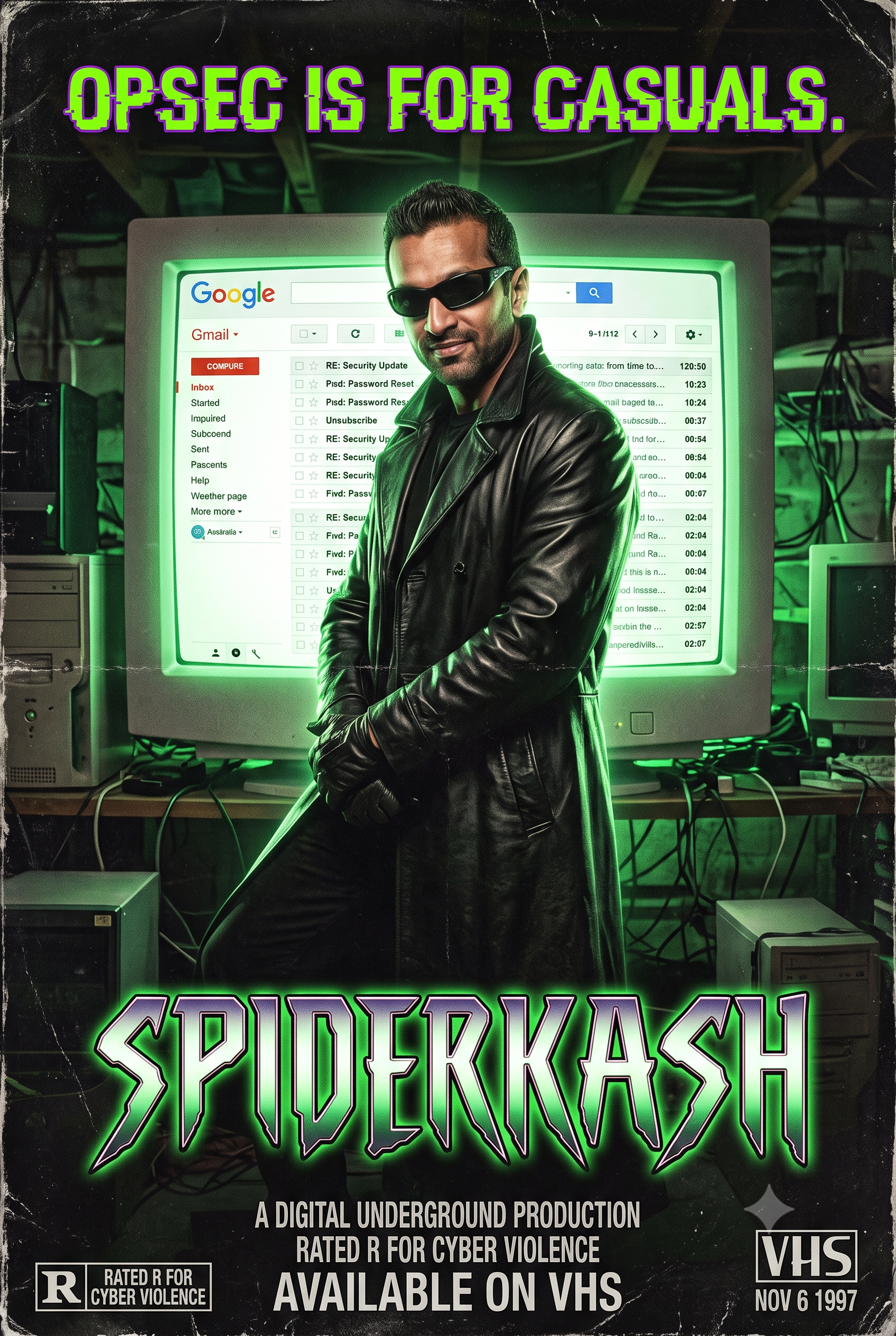 AI generated 1990s era direct to video poster for a satirical film called 'Spidercash' with the attention getter top label saying 'OPSEC is for casuals.' It is kash patel in a matrix/spider nior looking trenchcoat with a gmail account logged into a CRT computer monitor.