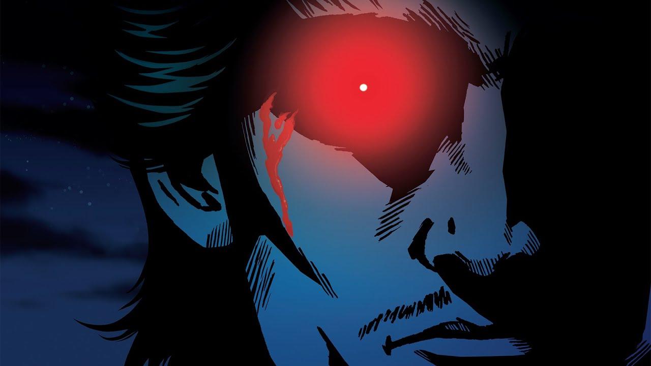 Kavinsky's Nightcall official cover.
Closeup of a man's face, standing under the dark night sky. Some stars can be seen behind and in between the clouds. His staring at us, with a red glowing light emanating from his right bleeding eye, illuminating one side of his face. The left side is lost in the dark..