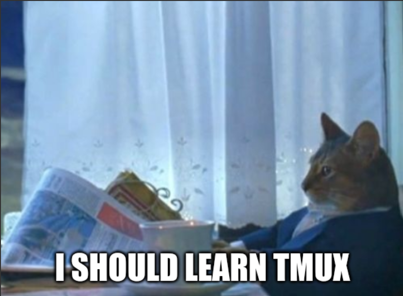"I should buy a boat" cat meme with the bottom text
"I should learn tmux"

Business cat pensively reading the newspaper at a breakfast table