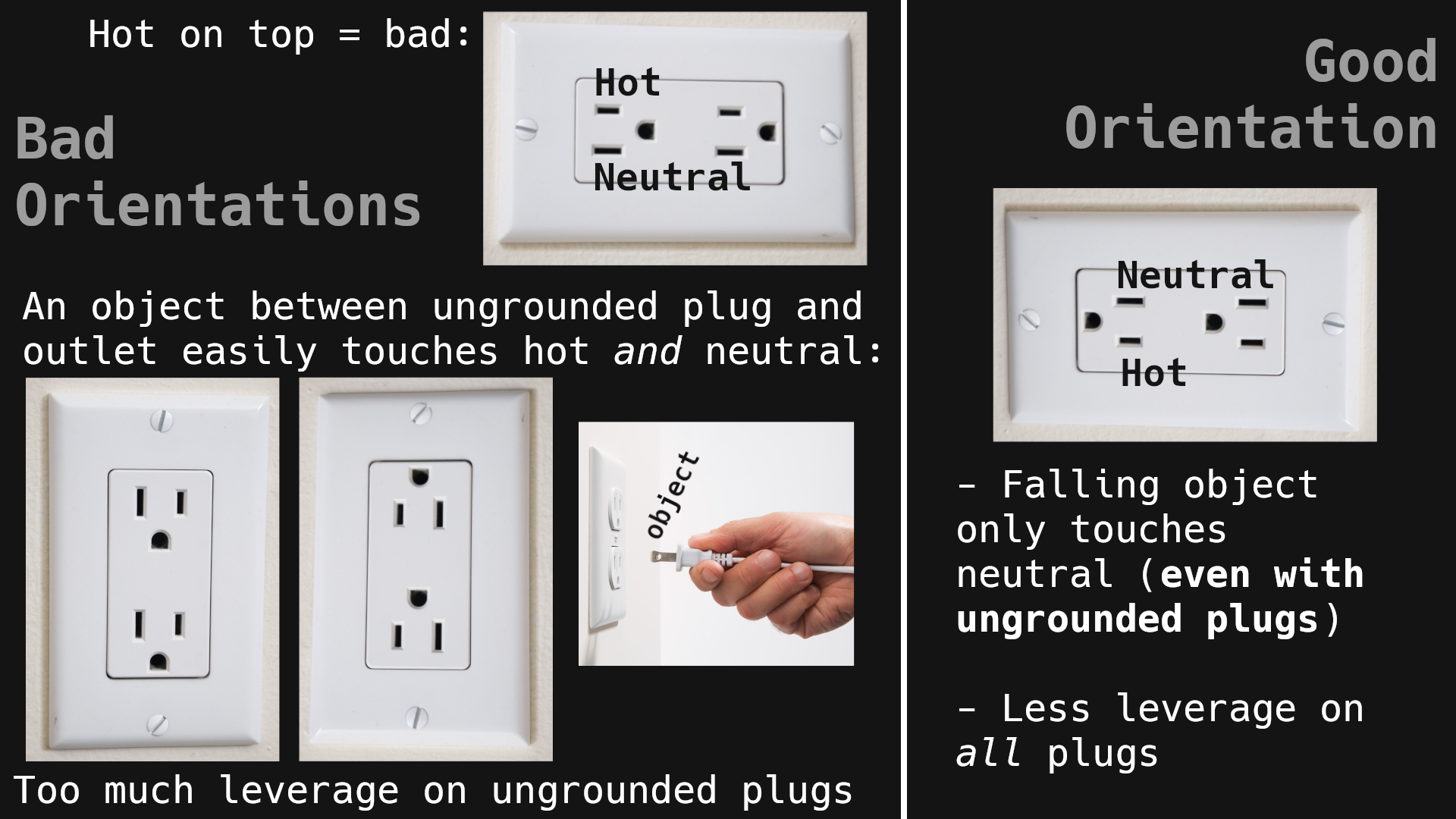An image displaying all four US outlet orientations, explaining the safety shortcomings or benefits of each if an object were to fall between a plug and the outlet:

The vertical outlet with the Hot and Neutral lines on top exposes the object to both hot and neutral, exposing the object to 120V AC and likely shorting things.
The vertical outlet with the Ground lines on top will still expose the object to both hot and neutral in the case of an ungrounded plug, causing the same problems.
The sideways outlet with the Hot line on top is obviously bad as the object will be exposed to 120V AC.
The sideways outlet with the Neutral line on top is much safer than the other three options as the object is *far less likely* to be exposed to dangerous voltage.

The vertical outlets also both allow for ungrounded plugs to pull away from the wall a substantial amount if there is any downward strain on the cable.