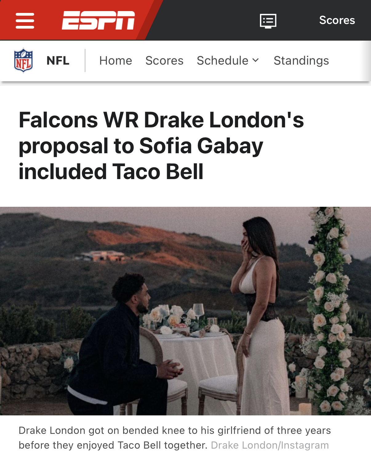 ESPN article titled “Falcons WR Drake London’s proposal to Sofia Gabay included Taco Bell”