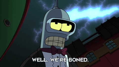 The robot character 'Bender' from the show Futurama saying "Well, we're boned"