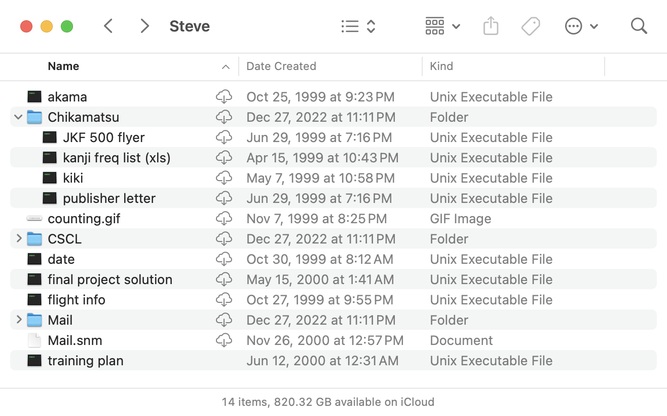 Screenshot of macOS folder showing “Unix Executable files” (they are not) from 1999. I’d pulled a bunch of CD-ROM backups into iCloud in 2021. Some folders are dated 2022 but the files still carry their creation dates.