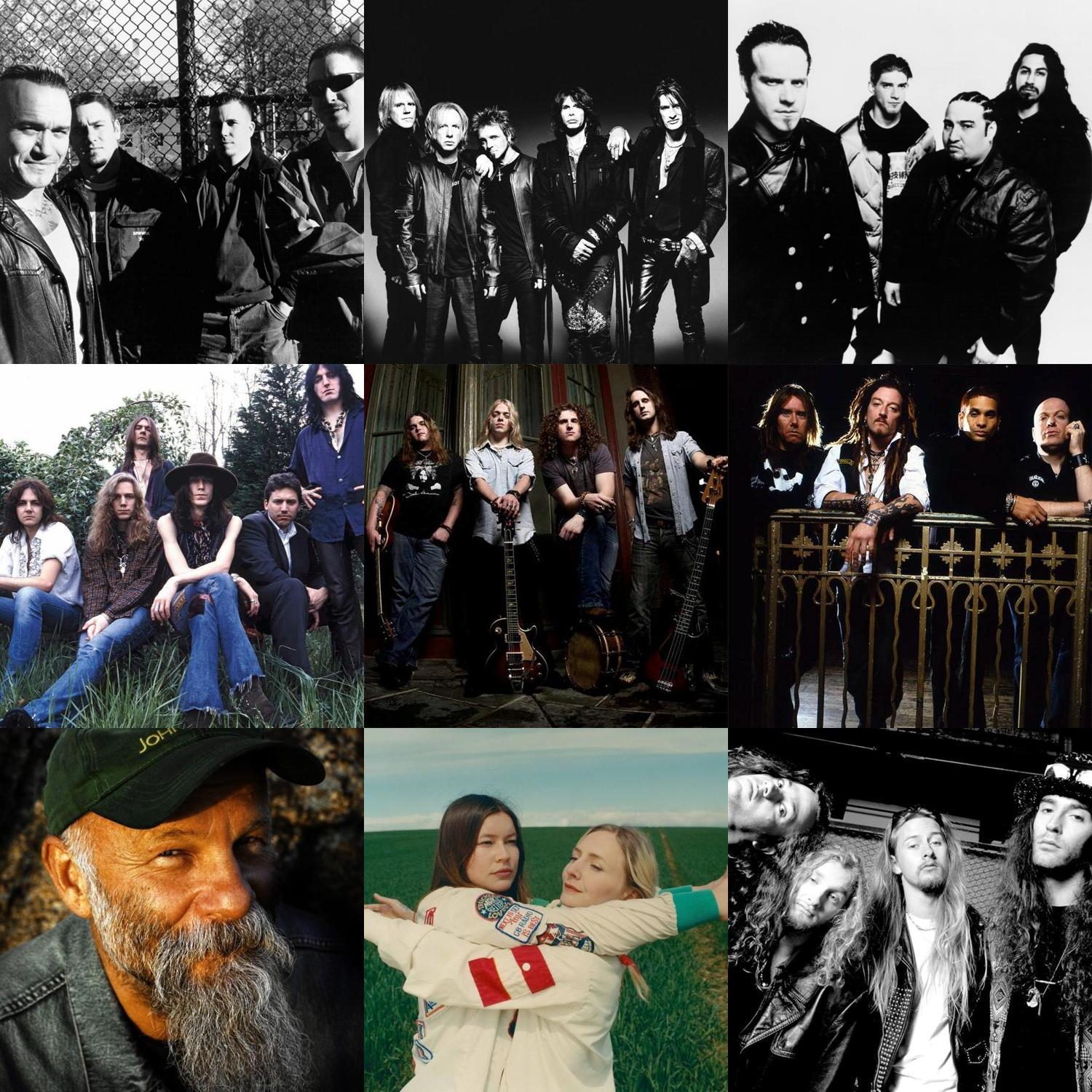 A square grid of photos of bands read from left to right, top to bottom, Sick of It All, Aerosmith, Fear Factory, The Black Crowes, Black Stone Cherry, The Wildhearts, Seasick Steve, Wet Leg, Alice in Chains