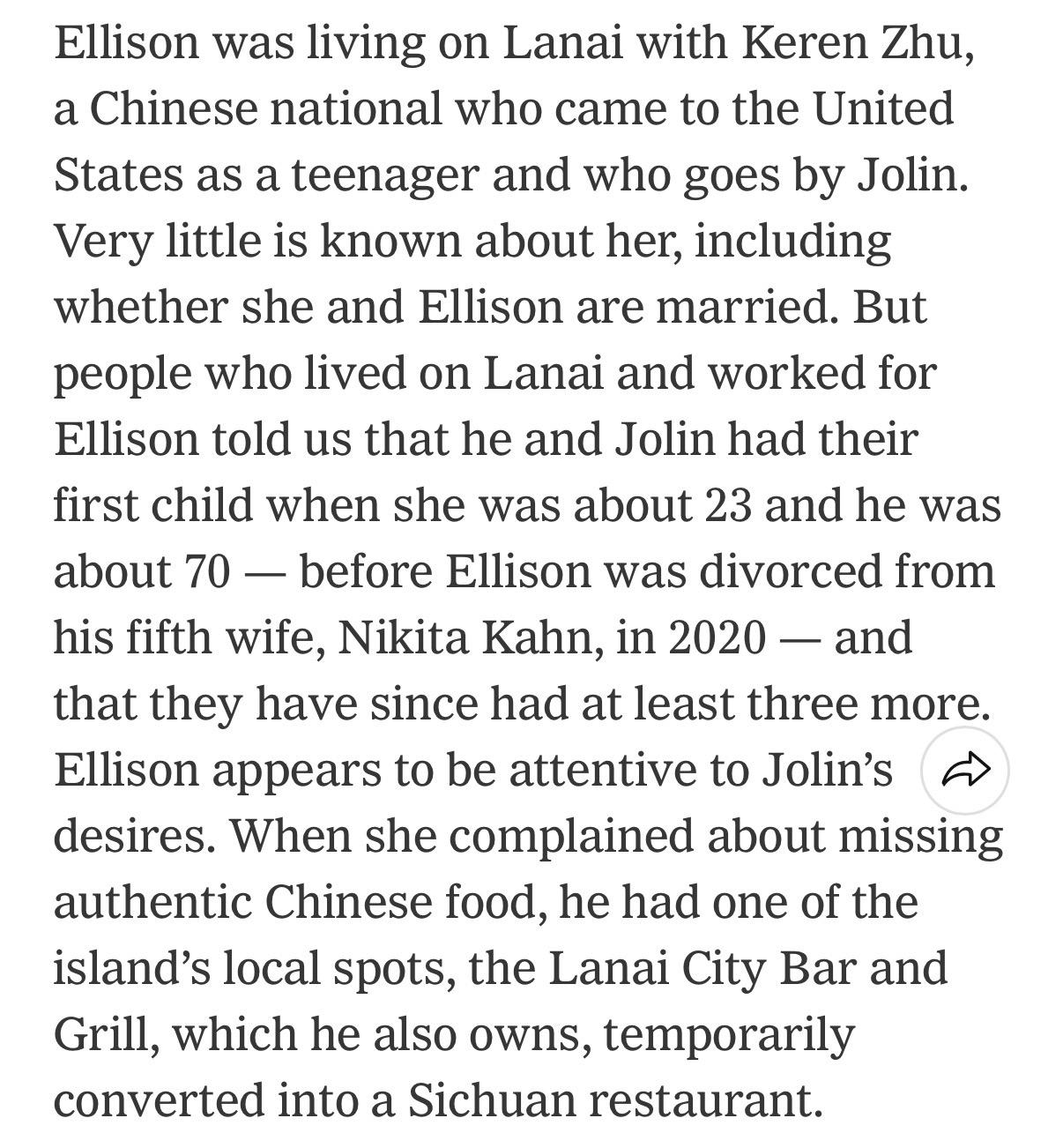 Keren Zhu paragraph from the NYT Ellison article, implying that her first child with Ellison was born 5 years before divorcing his 5th wife