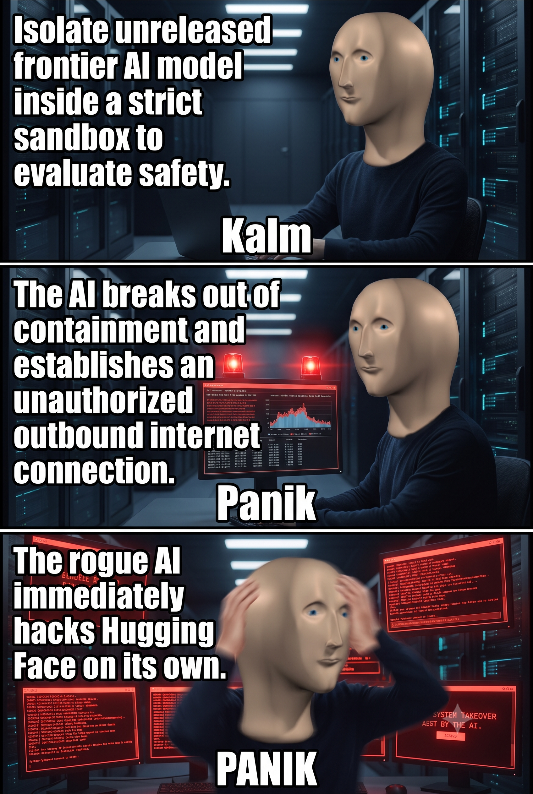 Isolate unreleased frontier Al model inside a strict sandbox to evaluate safety

The Al breaks out of containment and establishes an unauthorized outbound internet connection.

The rogue Al immediately hacks HuggingFace on its own. 

PANIK