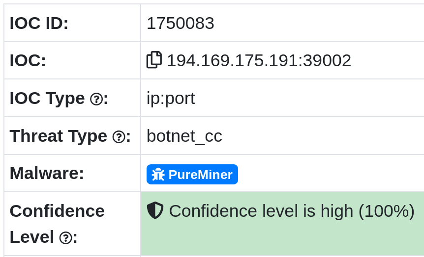 Screenshot of 194.169.175.191:39002 classified as PureMiner on ThreatFox
Source:
https://threatfox.abuse.ch/ioc/1750083/